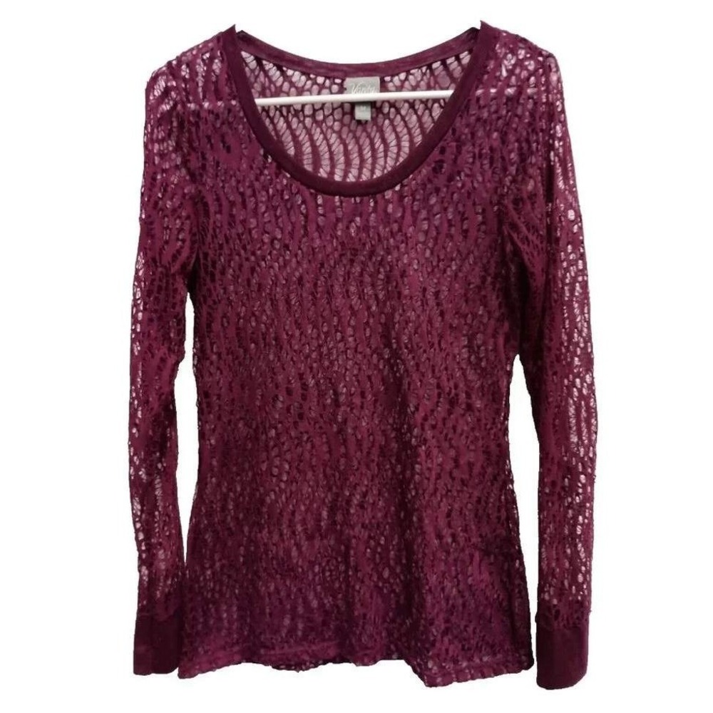 Y2K Vanity Essentials Lace Top Women M Burgundy Long Sleeve Sheer Boho